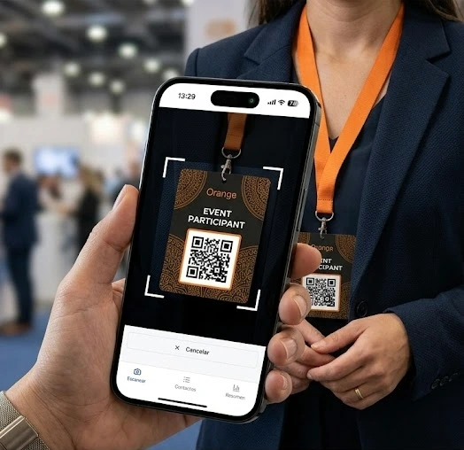 App móvil de lead retrieval escaneando el QR de un asistente en una feria empresarial