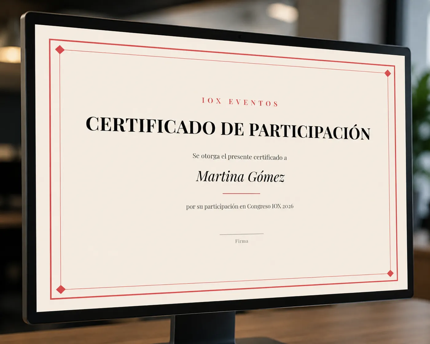 Certificado de participación armado en la plataforma de IOX, con plantilla personalizable en los colores de marca