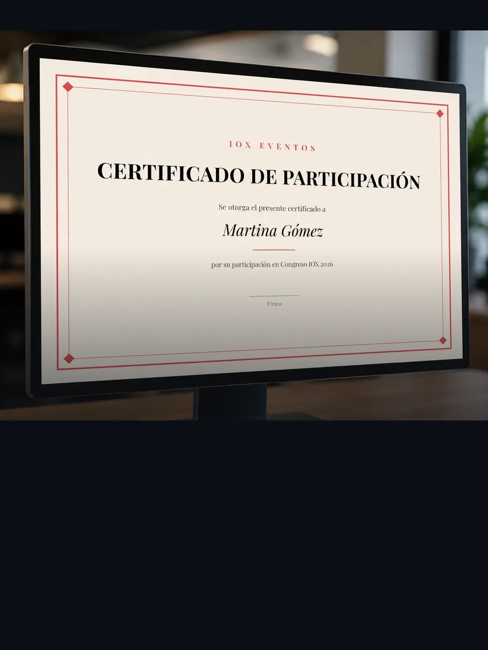 Certificado de participación abierto en la plataforma de IOX, visualizado en un monitor de escritorio