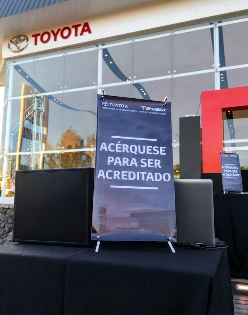 Acreditación nocturna en evento corporativo con iluminación tenue